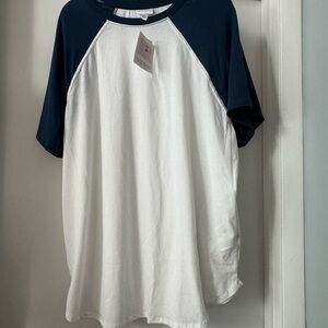 LuLaRoe Axel Navy and White Raglan Tee